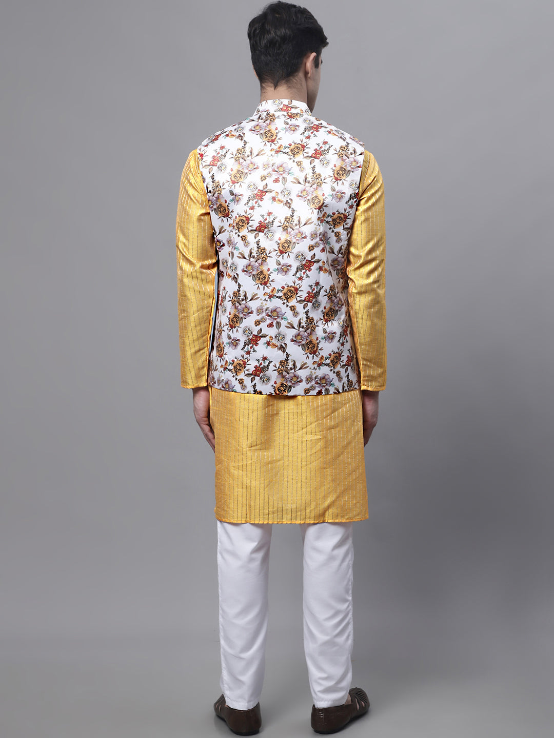 Jompers Men's Mustard Embroidered Kurta Pyjama With Wihte Printed Nehru Jacket
