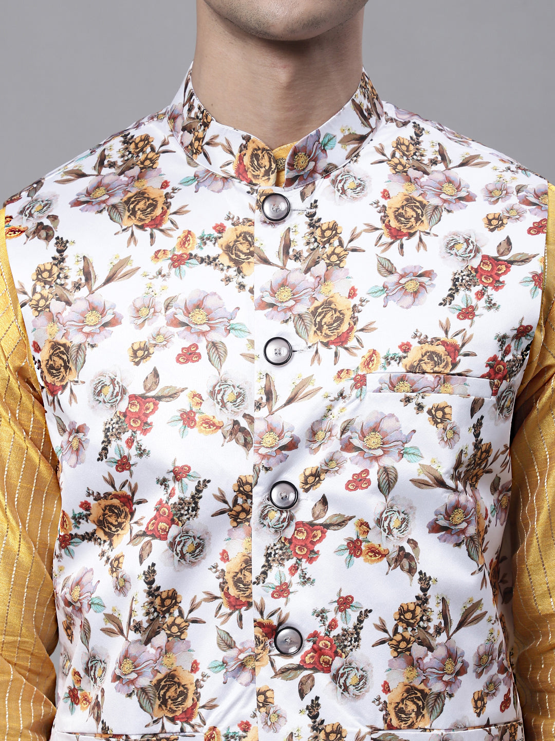 Jompers Men's Mustard Embroidered Kurta Pyjama With Wihte Printed Nehru Jacket