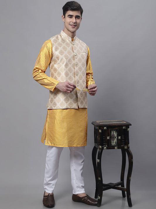 Jompers Men's Mustard Embroidered Kurta Pyjama With Floral Printed Nehru Jacket