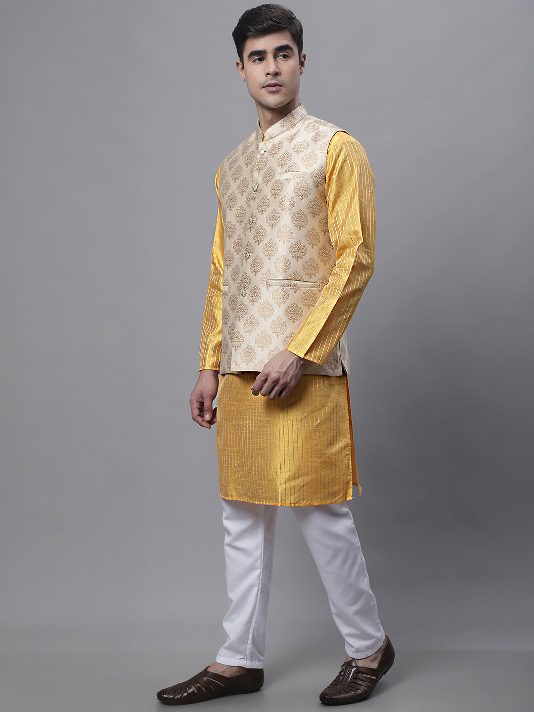 Jompers Men's Mustard Embroidered Kurta Pyjama With Floral Printed Nehru Jacket