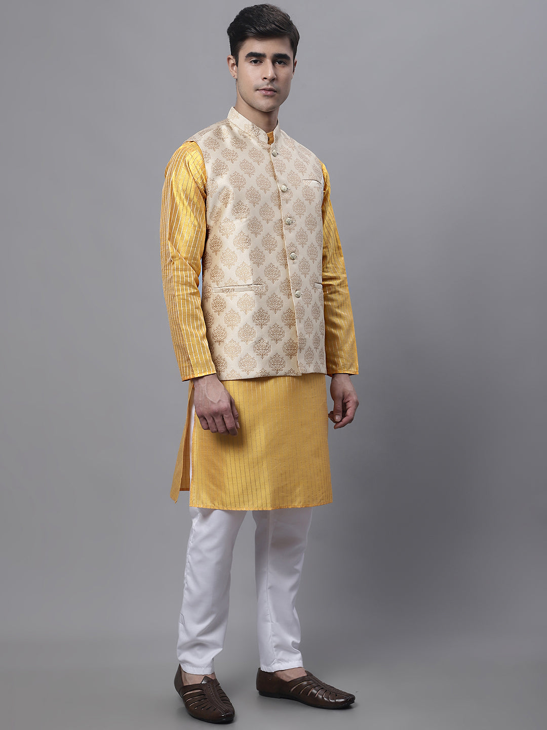 Jompers Men's Mustard Embroidered Kurta Pyjama With Floral Printed Nehru Jacket