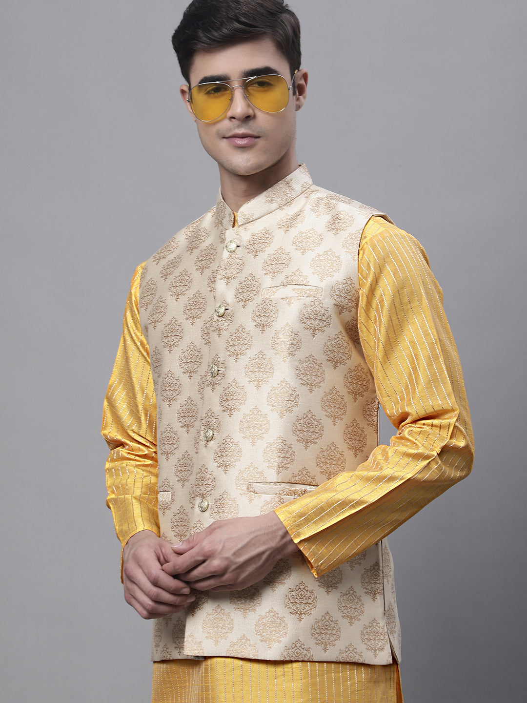 Jompers Men's Mustard Embroidered Kurta Pyjama With Floral Printed Nehru Jacket