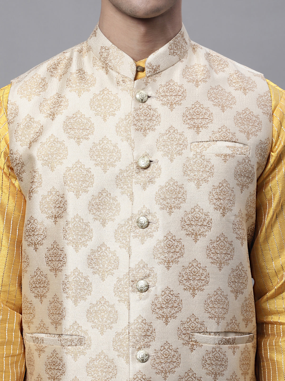 Jompers Men's Mustard Embroidered Kurta Pyjama With Floral Printed Nehru Jacket