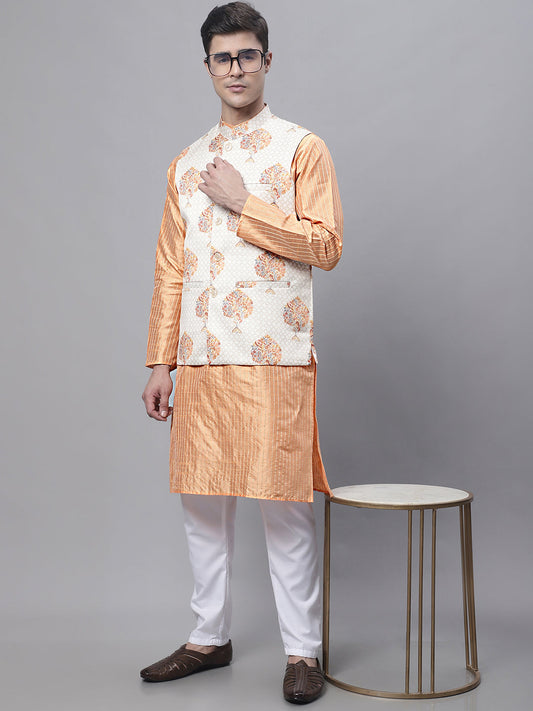 Jompers Men's Peach Embroidered Kurta Pyjama With Wihte Printed Nehru Jacket