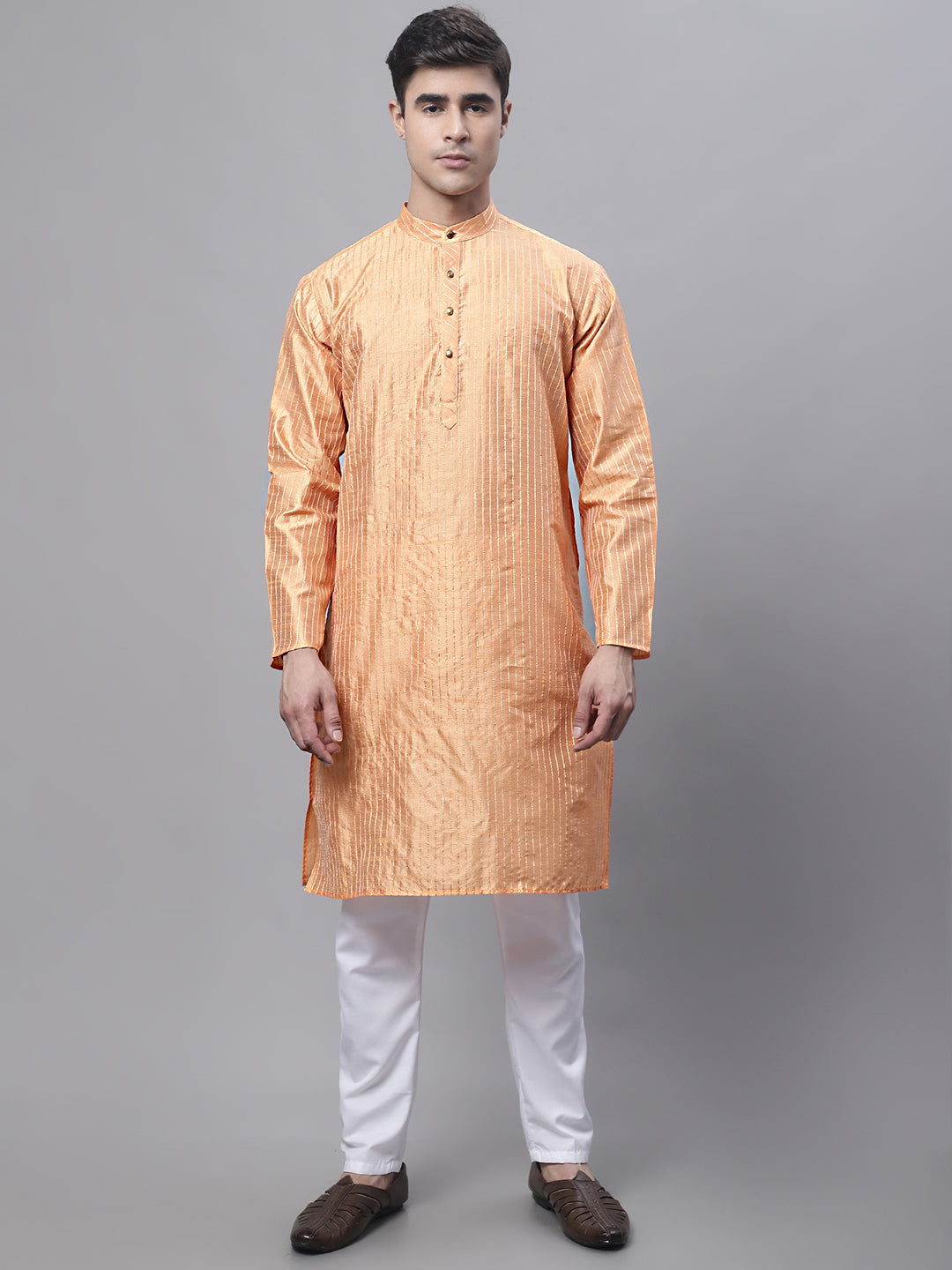 Jompers Men's Peach Embroidered Kurta Pyjama With Wihte Printed Nehru Jacket