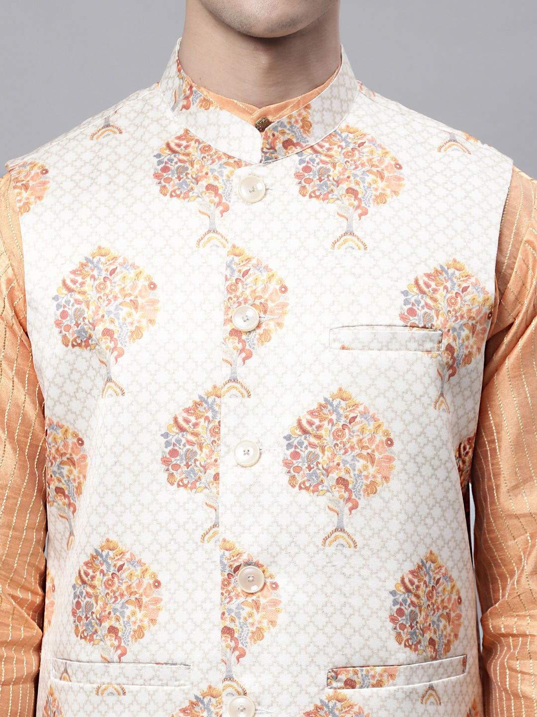 Jompers Men's Peach Embroidered Kurta Pyjama With Wihte Printed Nehru Jacket