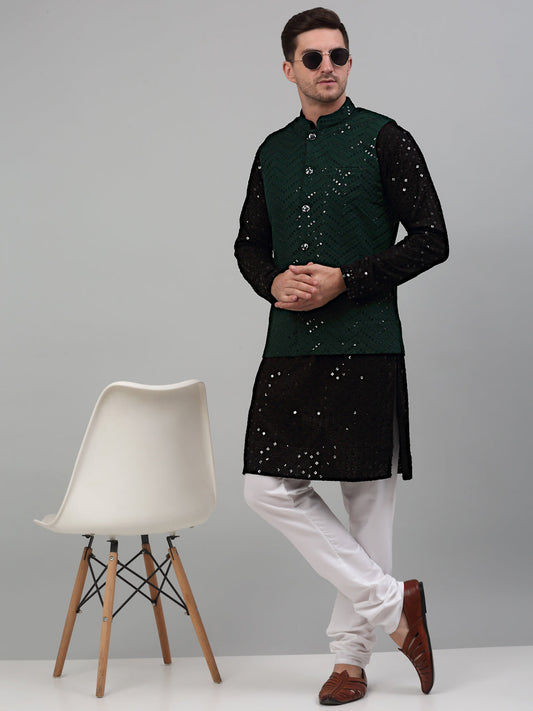 Jompers Men's Sequin and Embroidered Nehru Jacket With Kurta Pyjama - Olive