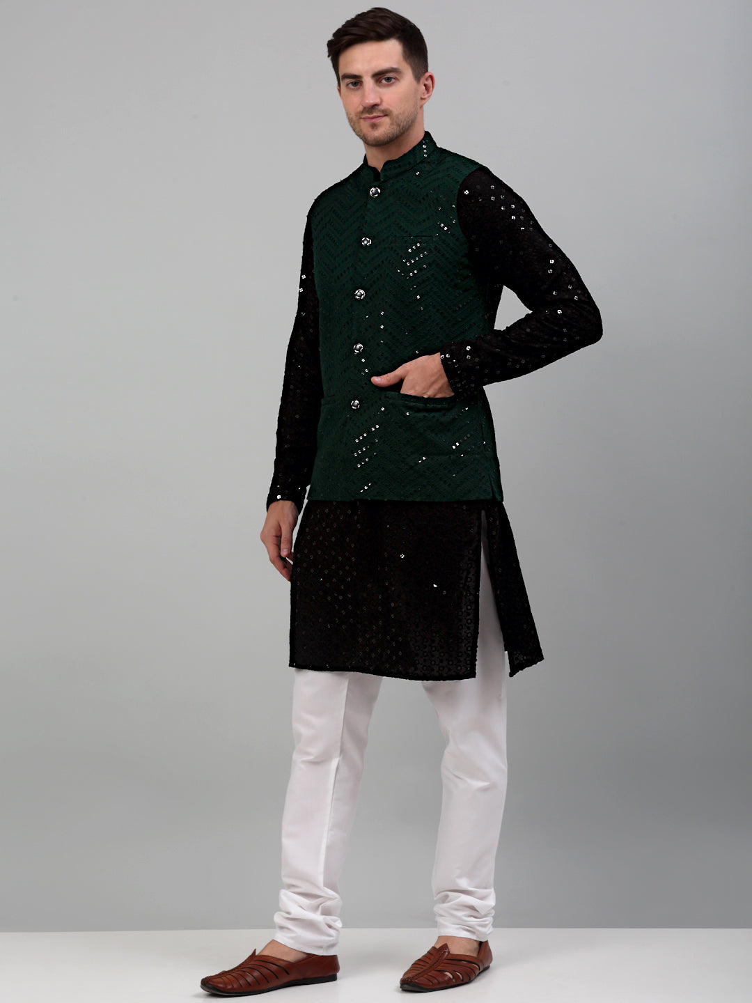 Jompers Men's Sequin and Embroidered Nehru Jacket With Kurta Pyjama - Olive