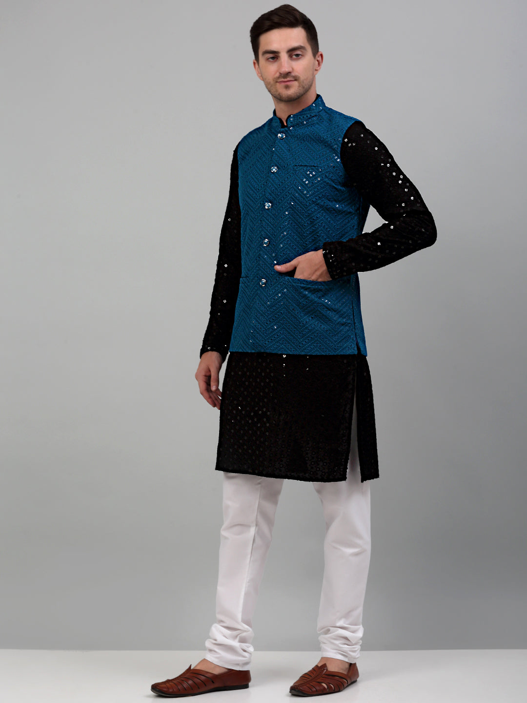 Jompers Men's Sequin and Embroidered Nehru Jacket With Kurta Pyjama - Peacock