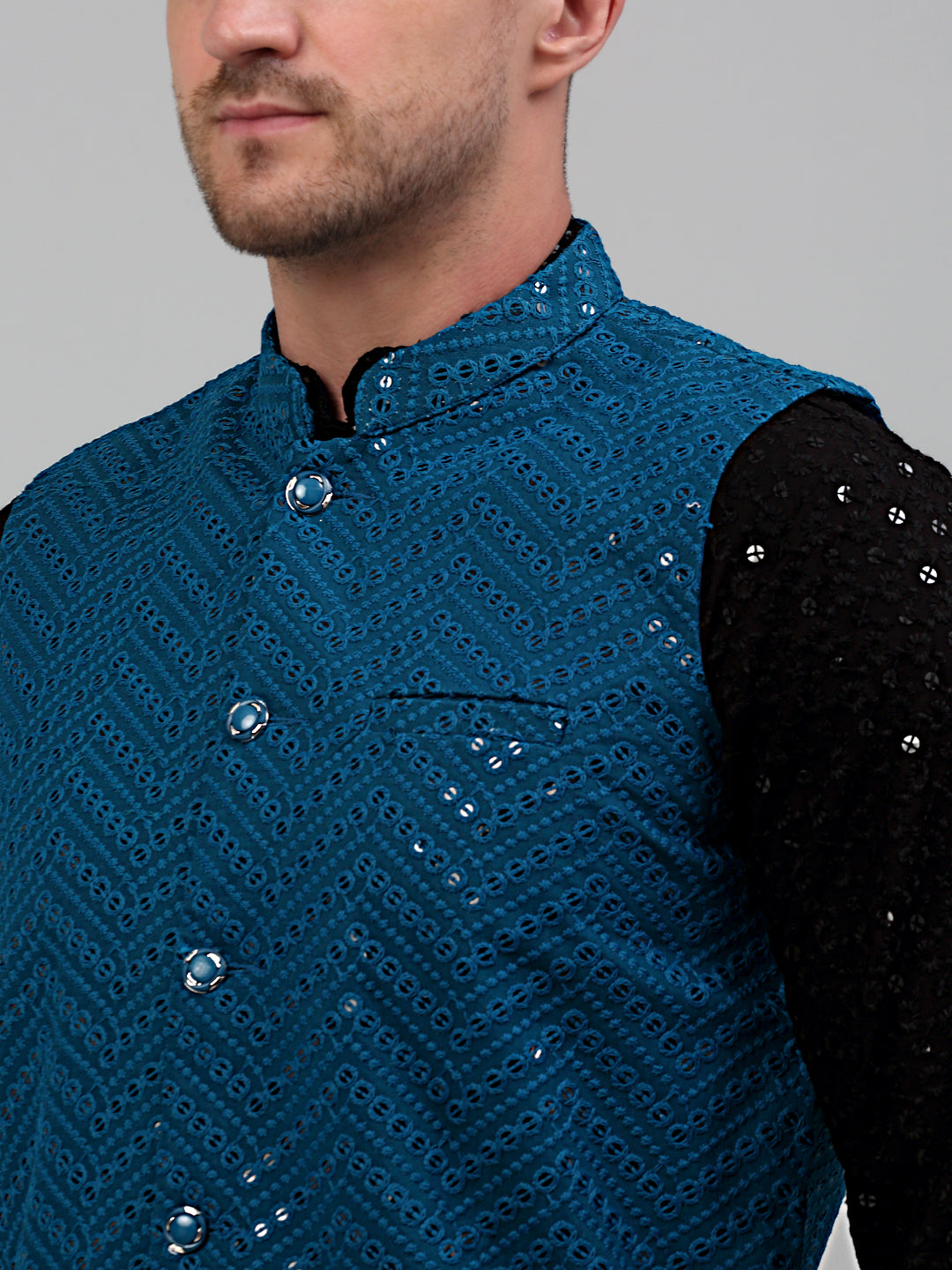 Jompers Men's Sequin and Embroidered Nehru Jacket With Kurta Pyjama - Peacock