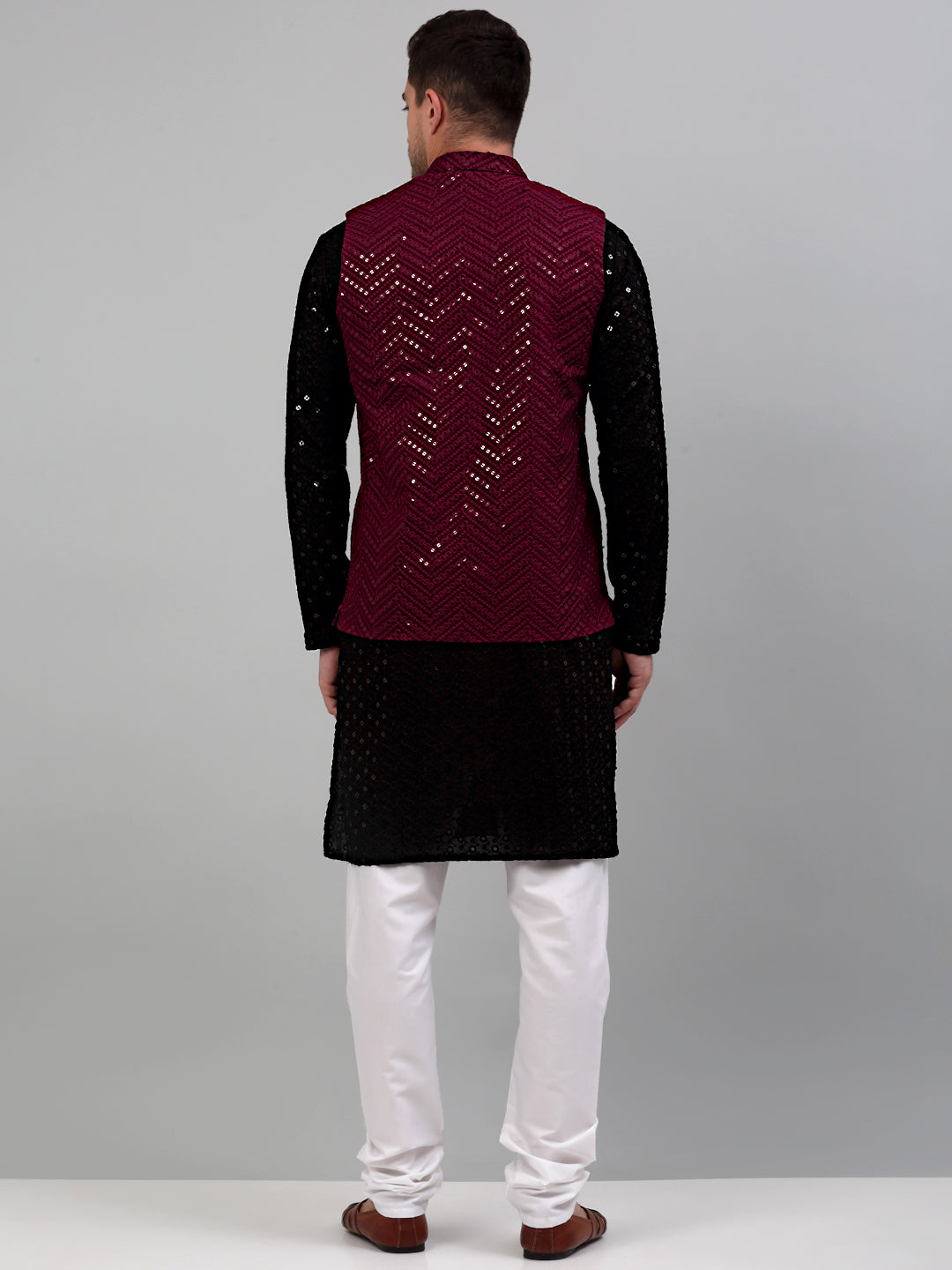 Jompers Men's Sequin and Embroidered Nehru Jacket With Kurta Pyjama - Purple