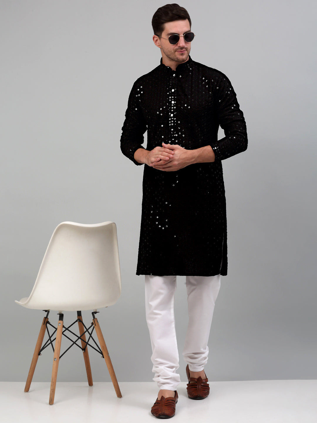 Jompers Men's Sequin and Embroidered Nehru Jacket With Kurta Pyjama - Purple