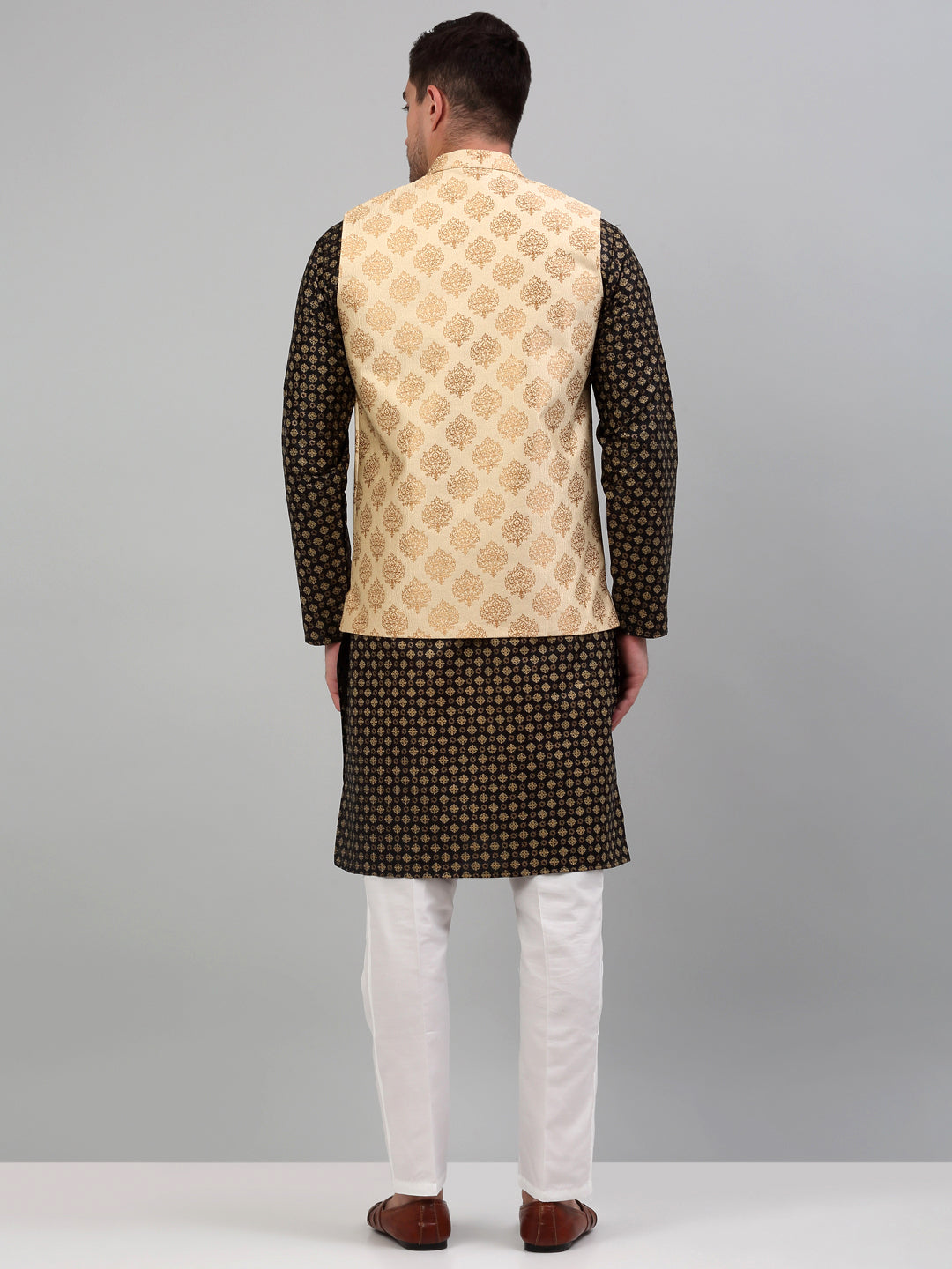 Jompers Men's Printed Nehru Jacket With Kurta Pyjama Set - Cream