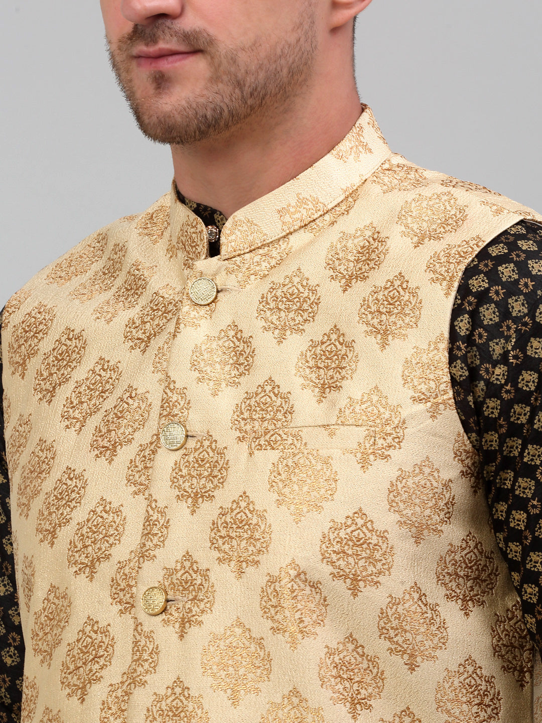 Jompers Men's Printed Nehru Jacket With Kurta Pyjama Set - Cream