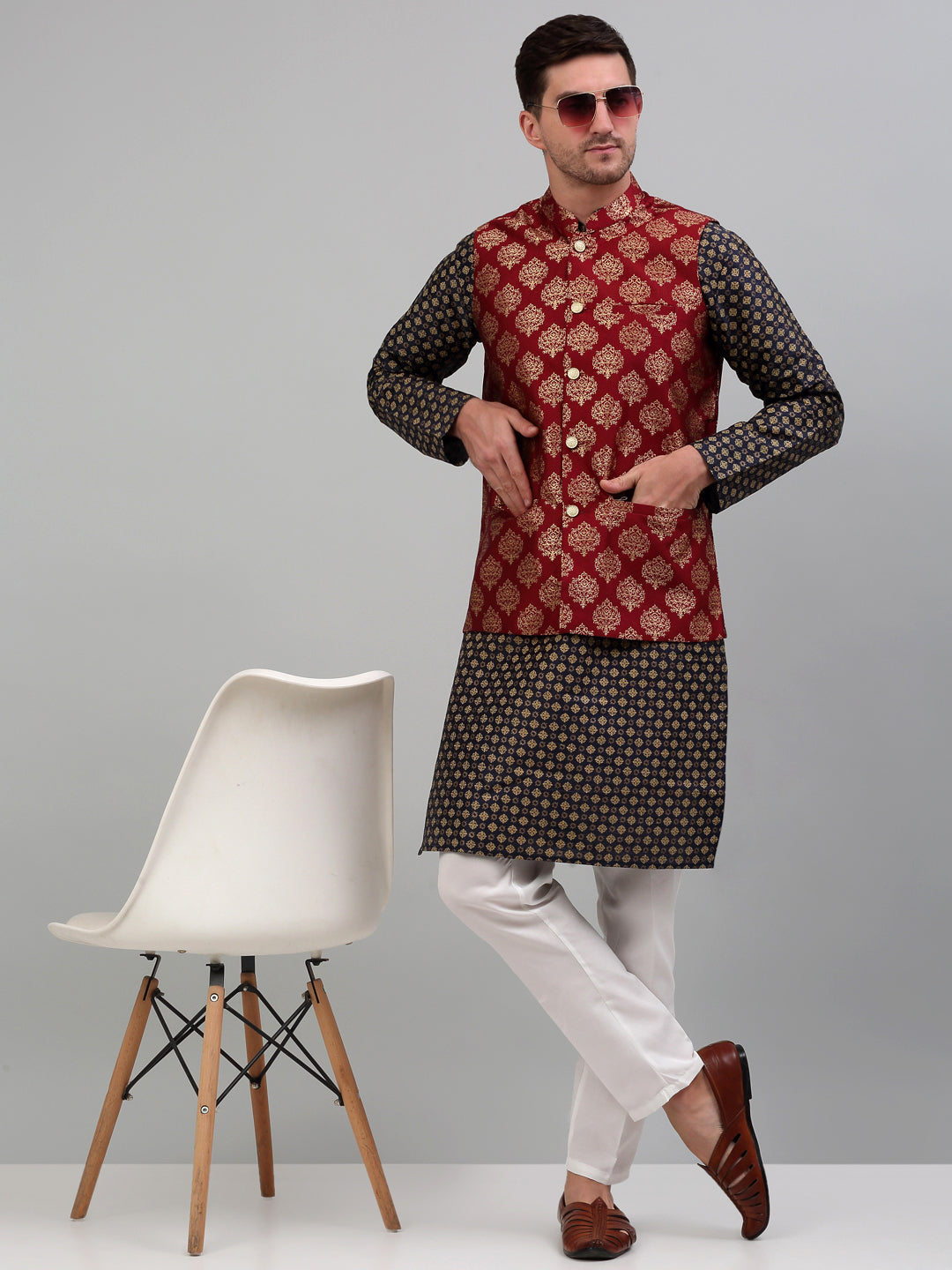Jompers Men's Printed Nehru Jacket With Kurta Pyjama Set - Maroon