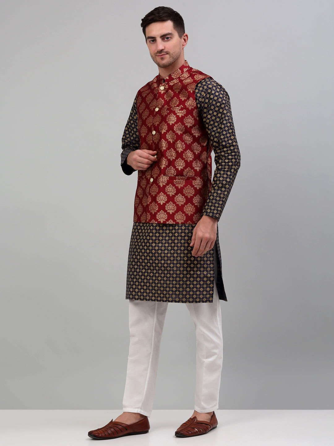 Jompers Men's Printed Nehru Jacket With Kurta Pyjama Set - Maroon