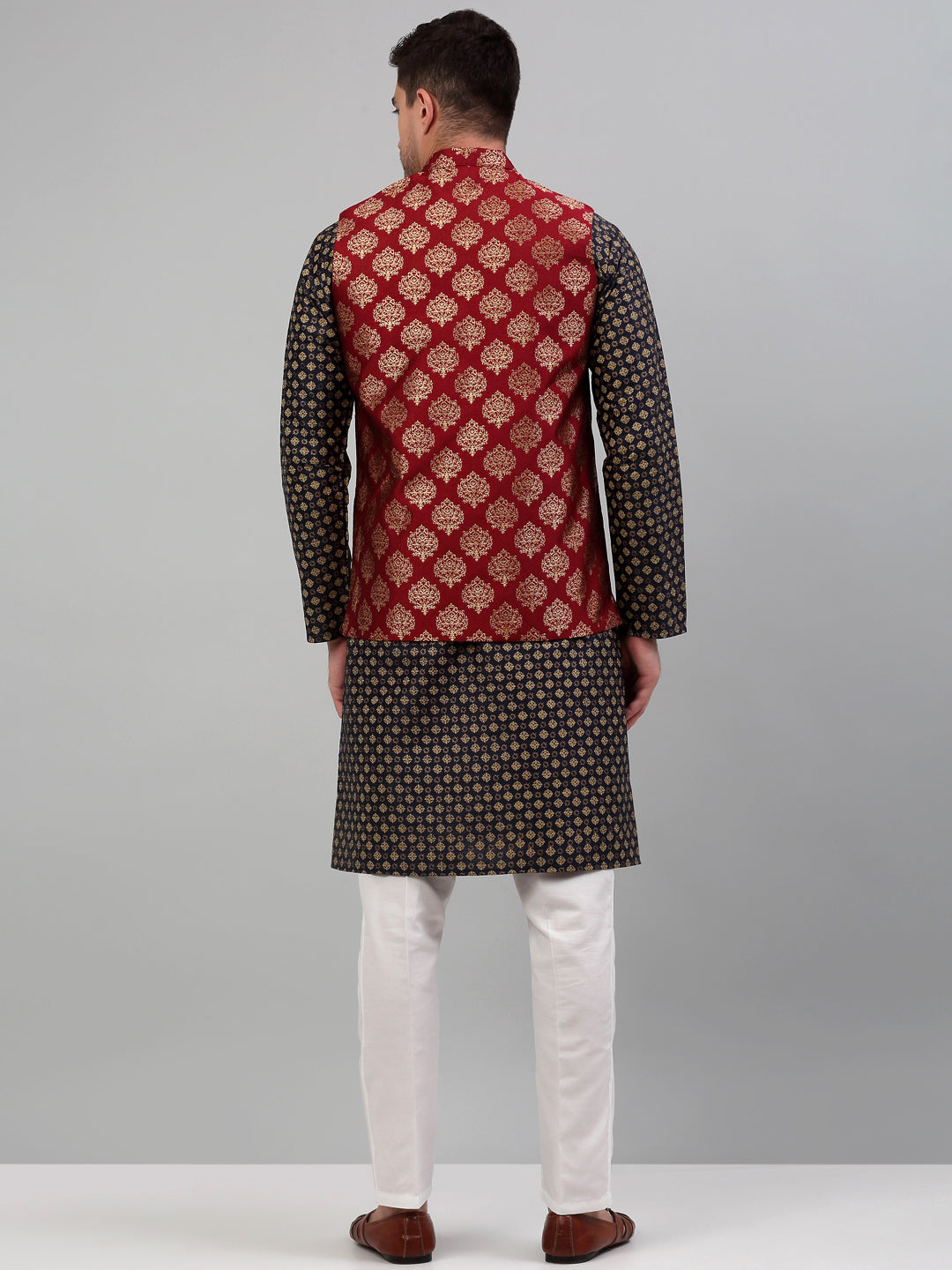 Jompers Men's Printed Nehru Jacket With Kurta Pyjama Set - Maroon