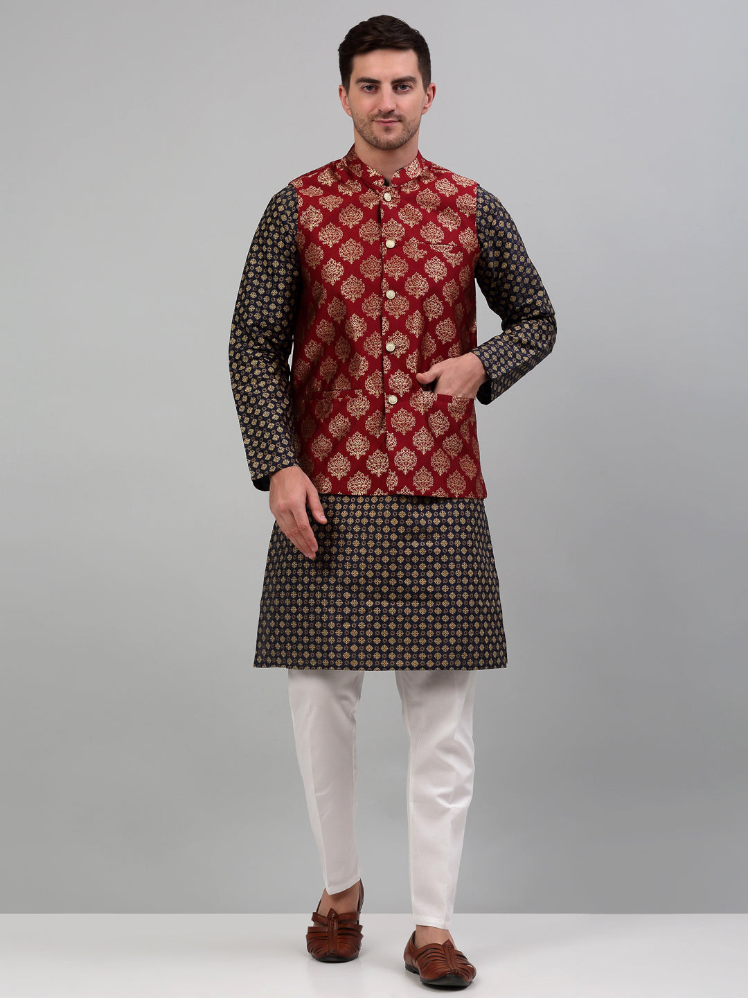 Jompers Men's Printed Nehru Jacket With Kurta Pyjama Set - Maroon