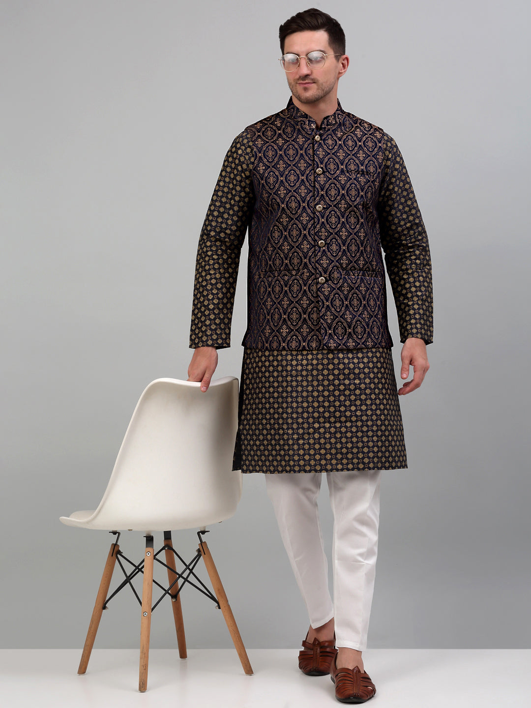 Jompers Men's Woven Design Nehru Jacket with Printed Kurta Pyjama Set - Brown