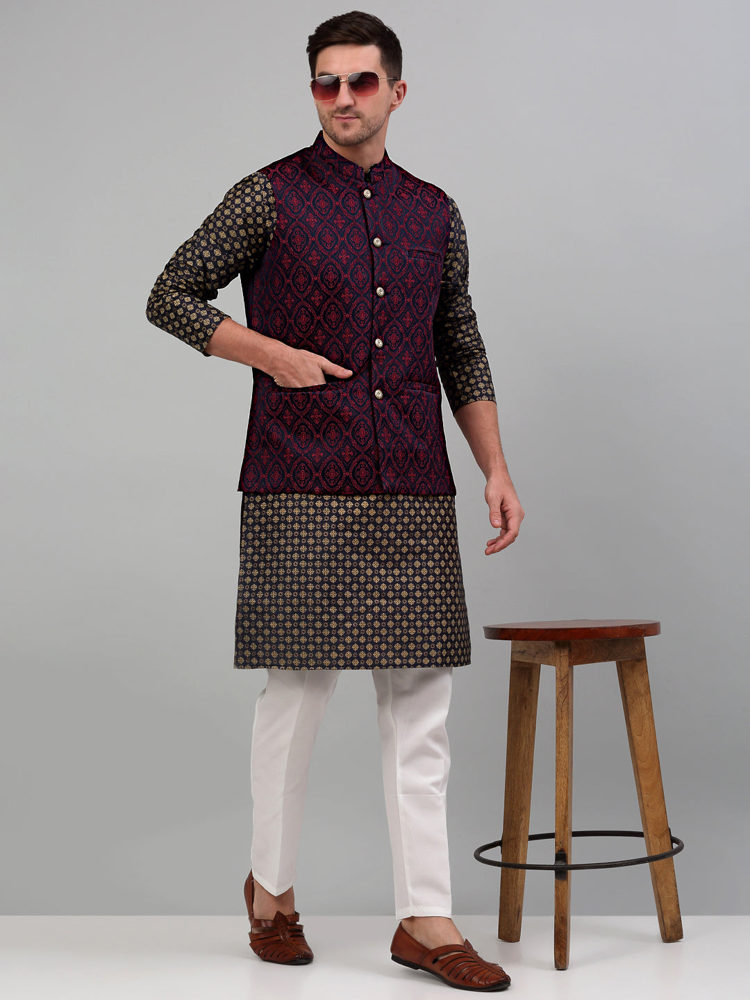 Jompers Men's Woven Design Nehru Jacket with Printed Kurta Pyjama Set - Maroon