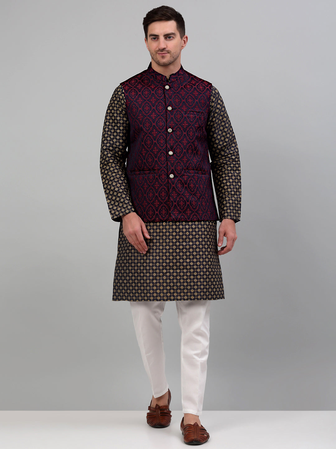 Jompers Men's Woven Design Nehru Jacket with Printed Kurta Pyjama Set - Maroon