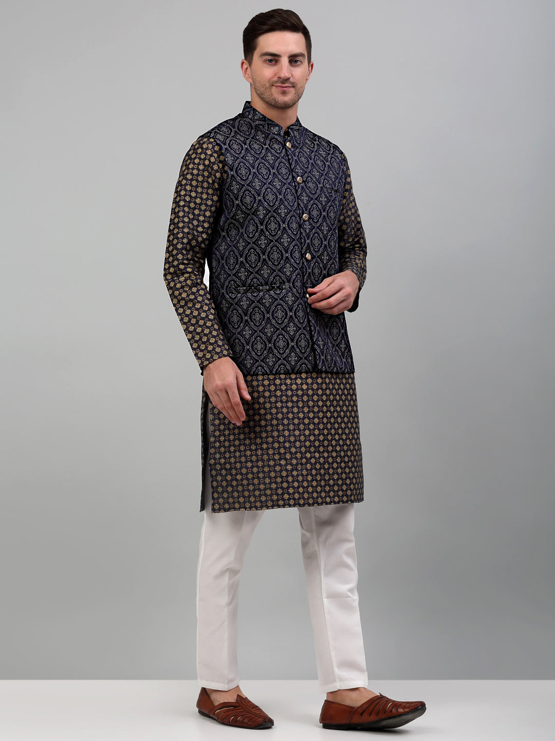 Jompers Men's Woven Design Nehru Jacket with Printed Kurta Pyjama Set - Silver