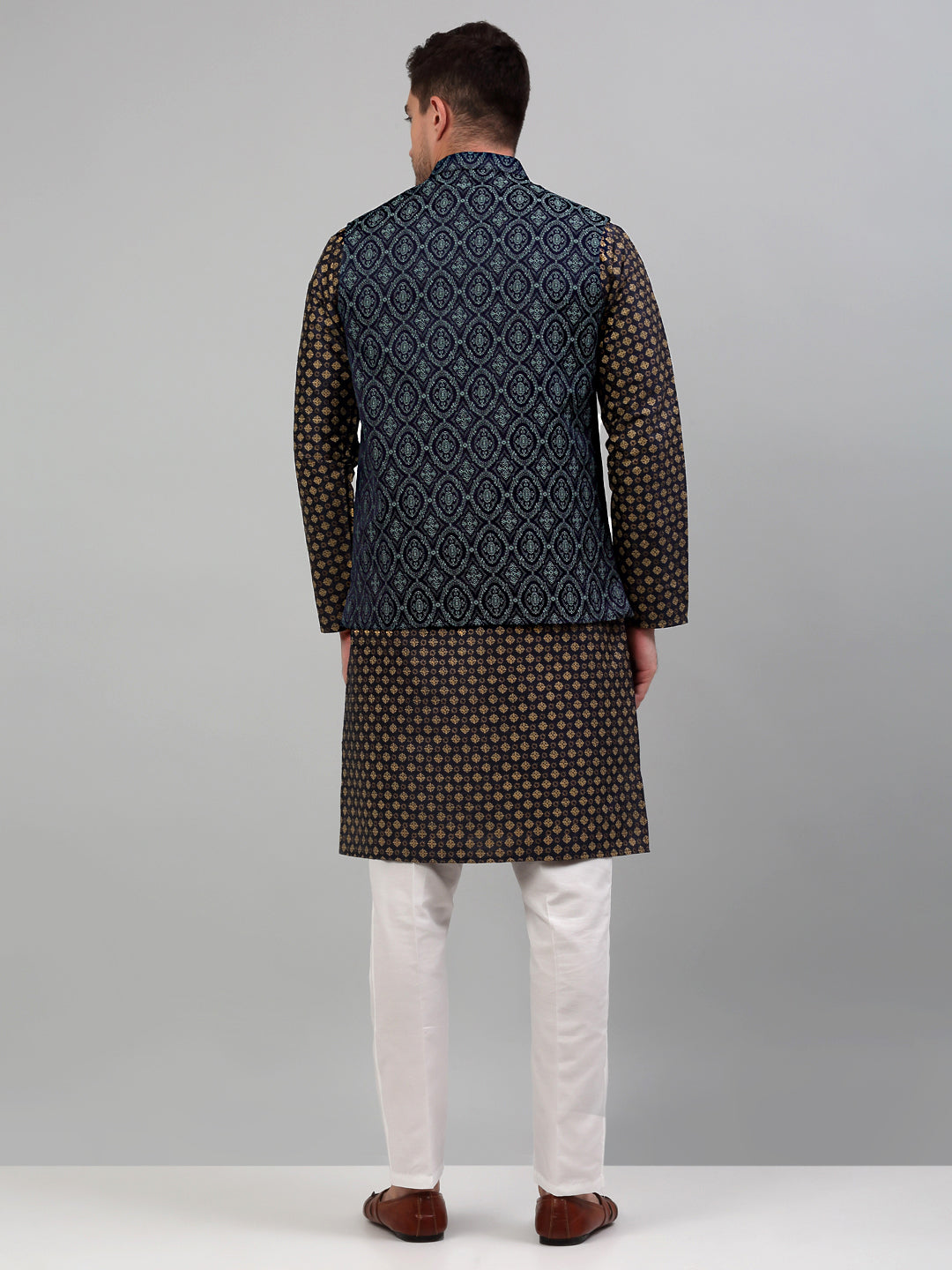 Jompers Men's Woven Design Nehru Jacket with Printed Kurta Pyjama Set - Teal