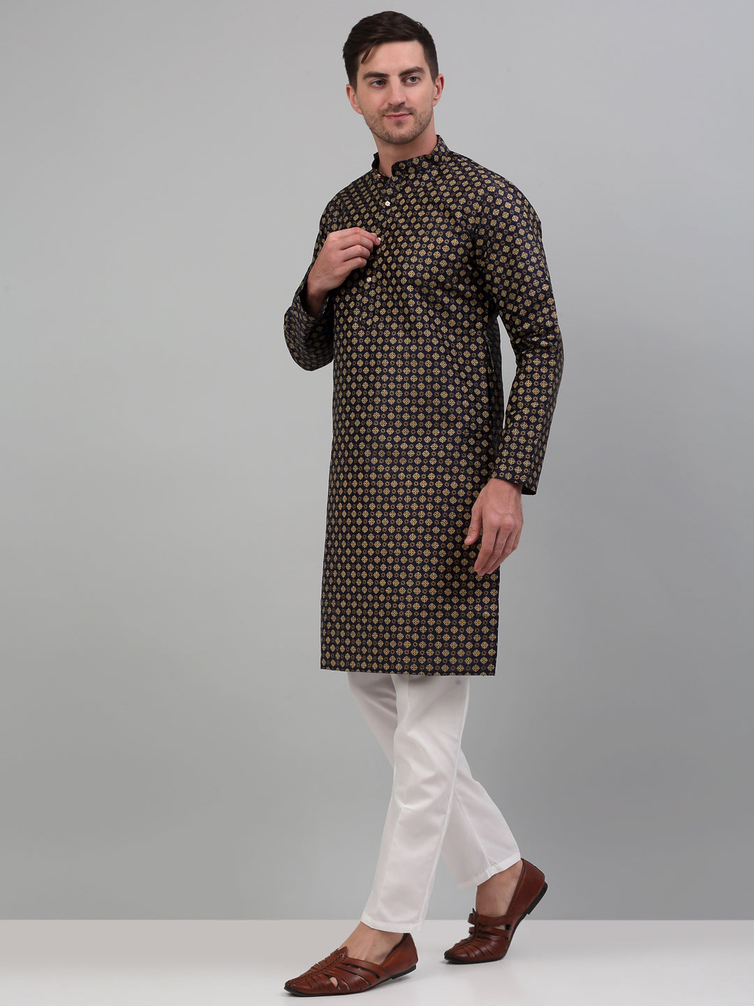 Jompers Men's Woven Design Nehru Jacket with Printed Kurta Pyjama Set - Teal