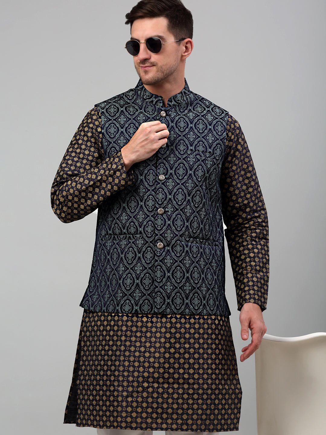 Jompers Men's Woven Design Nehru Jacket with Printed Kurta Pyjama Set - Teal