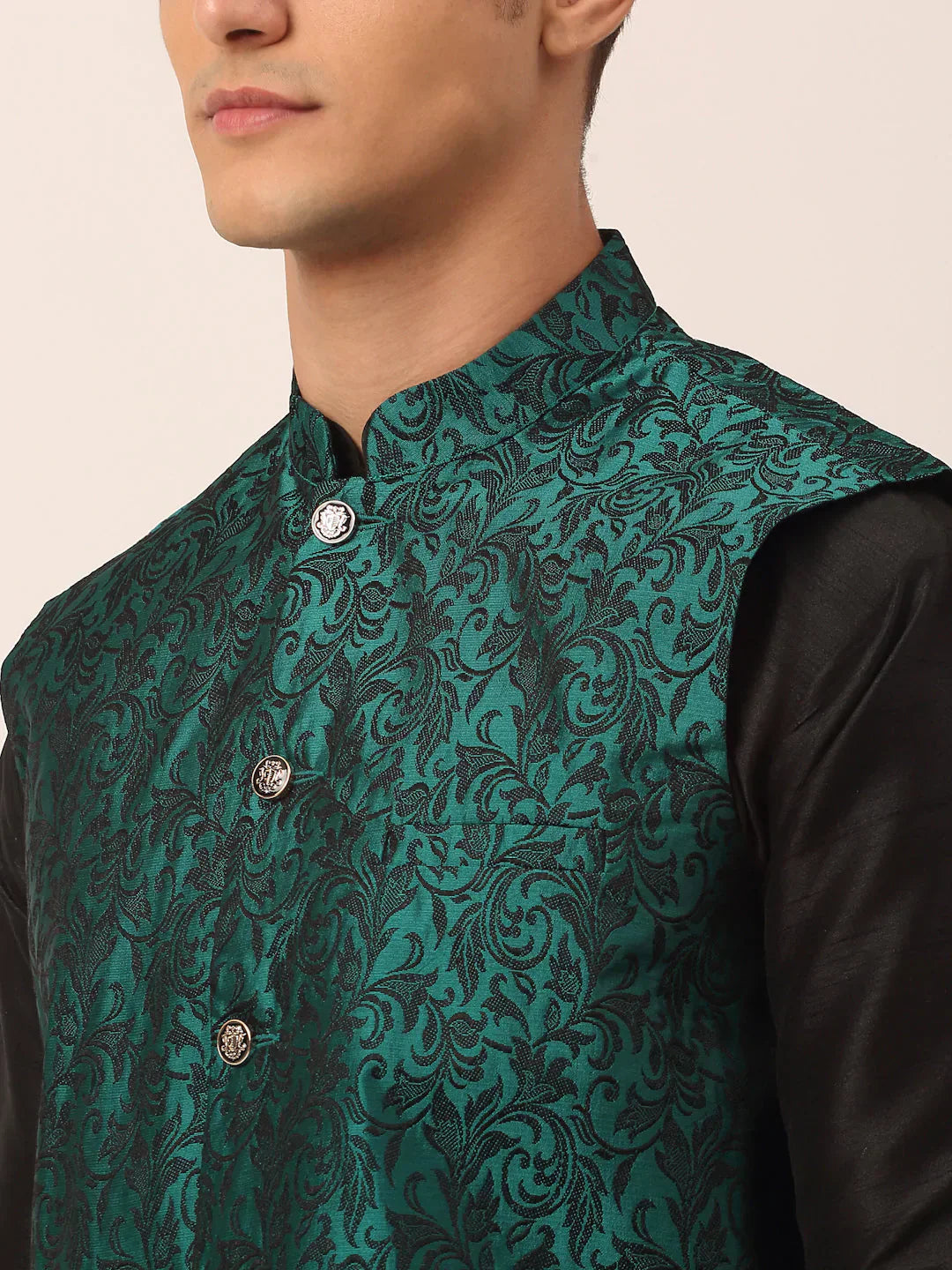 Jompers Men's Solid Kurta Pyjama With Green Woven Design Nehru Jacket