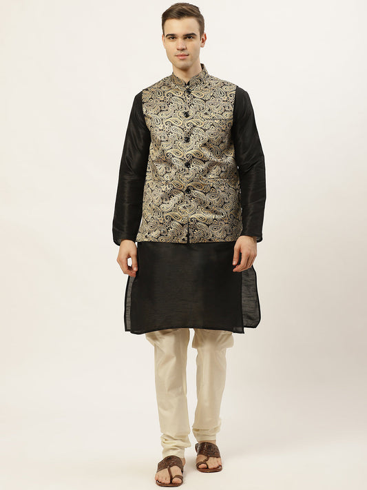 Jompers Men's Printed Nehru Jacket and Kurta Pyjama Set - Golden