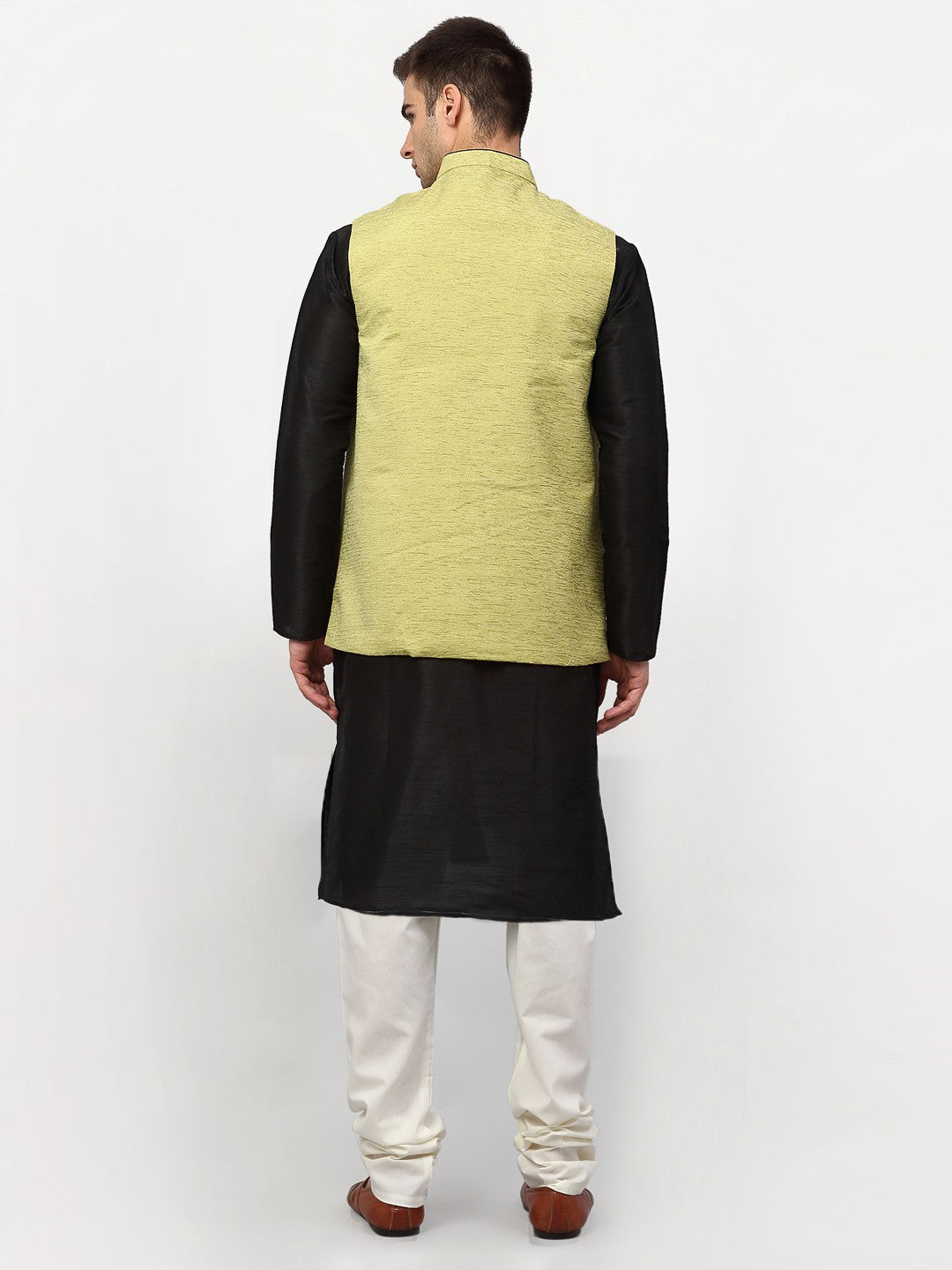 Jompers Men's Black Dupion Silk Kurta with Churidar & Nehru Jacket ( Green )