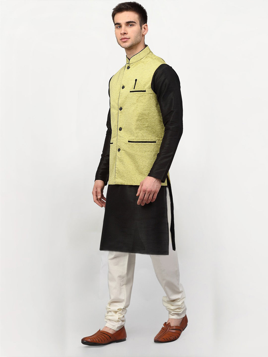 Jompers Men's Black Dupion Silk Kurta with Churidar & Nehru Jacket ( Green )