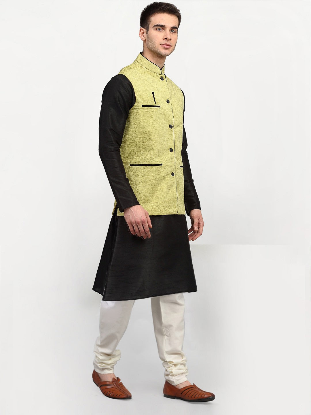 Jompers Men's Black Dupion Silk Kurta with Churidar & Nehru Jacket ( Green )