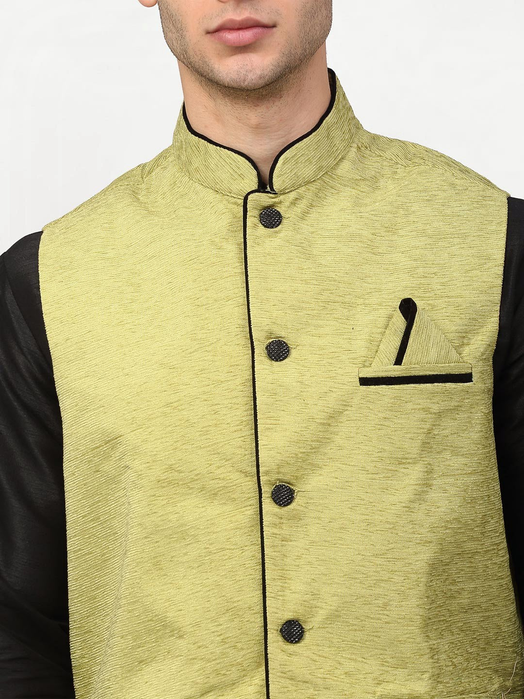Jompers Men's Black Dupion Silk Kurta with Churidar & Nehru Jacket ( Green )