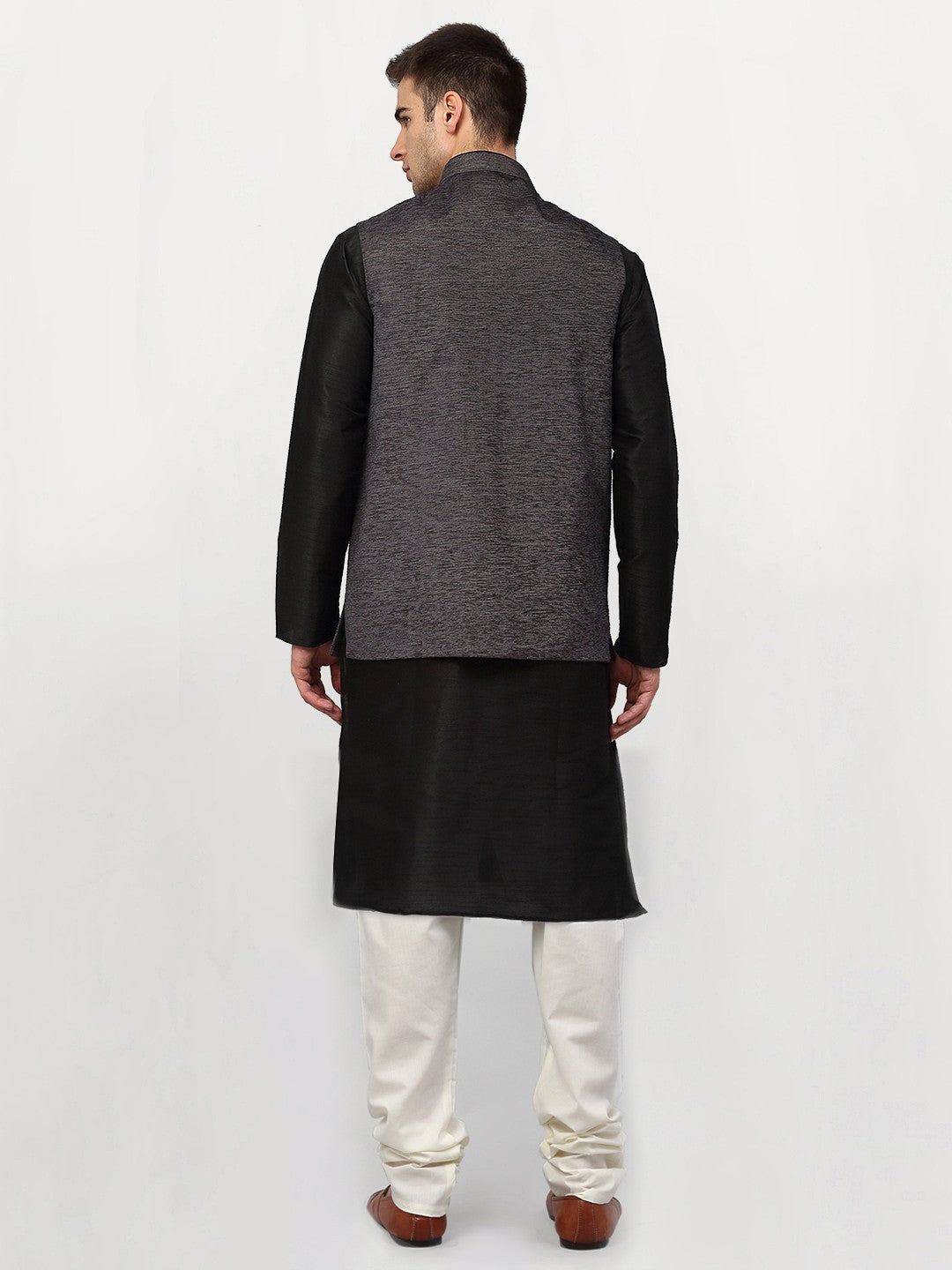 Jompers Men's Black Dupion Silk Kurta with Churidar & Nehru Jacket ( Grey )