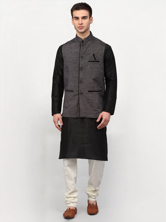 Jompers Men's Black Dupion Silk Kurta with Churidar & Nehru Jacket ( Grey )