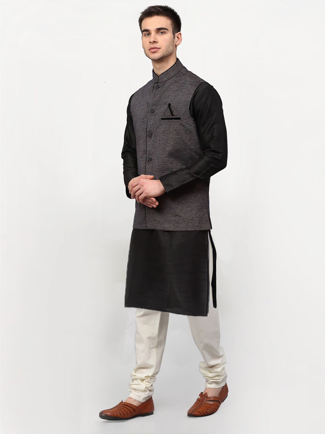 Jompers Men's Black Dupion Silk Kurta with Churidar & Nehru Jacket ( Grey )