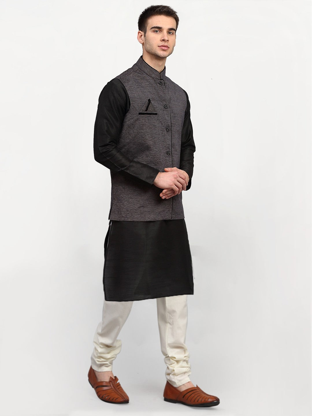 Jompers Men's Black Dupion Silk Kurta with Churidar & Nehru Jacket ( Grey )