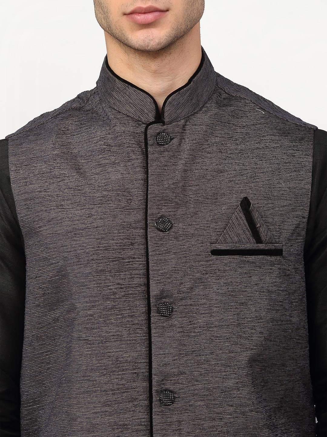 Jompers Men's Black Dupion Silk Kurta with Churidar & Nehru Jacket ( Grey )