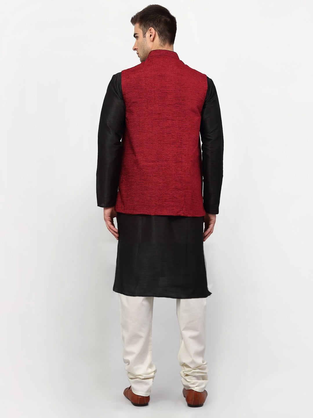 Jompers Men's Black Dupion Silk Kurta with Churidar & Nehru Jacket ( Maroon )