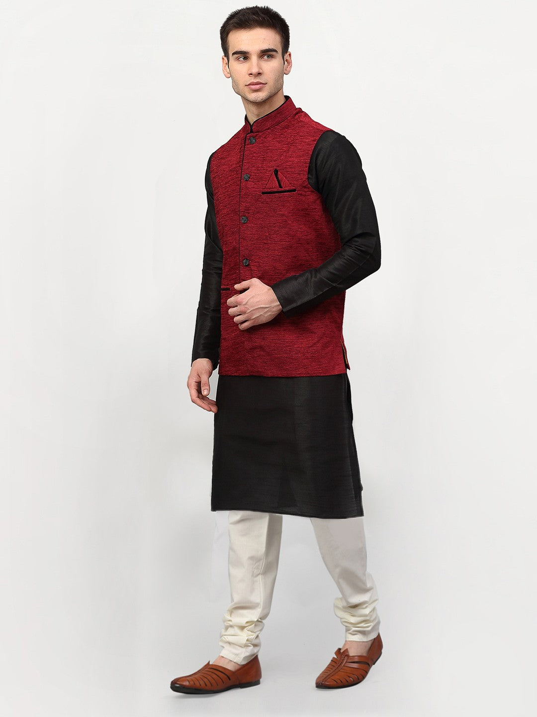 Jompers Men's Black Dupion Silk Kurta with Churidar & Nehru Jacket ( Maroon )