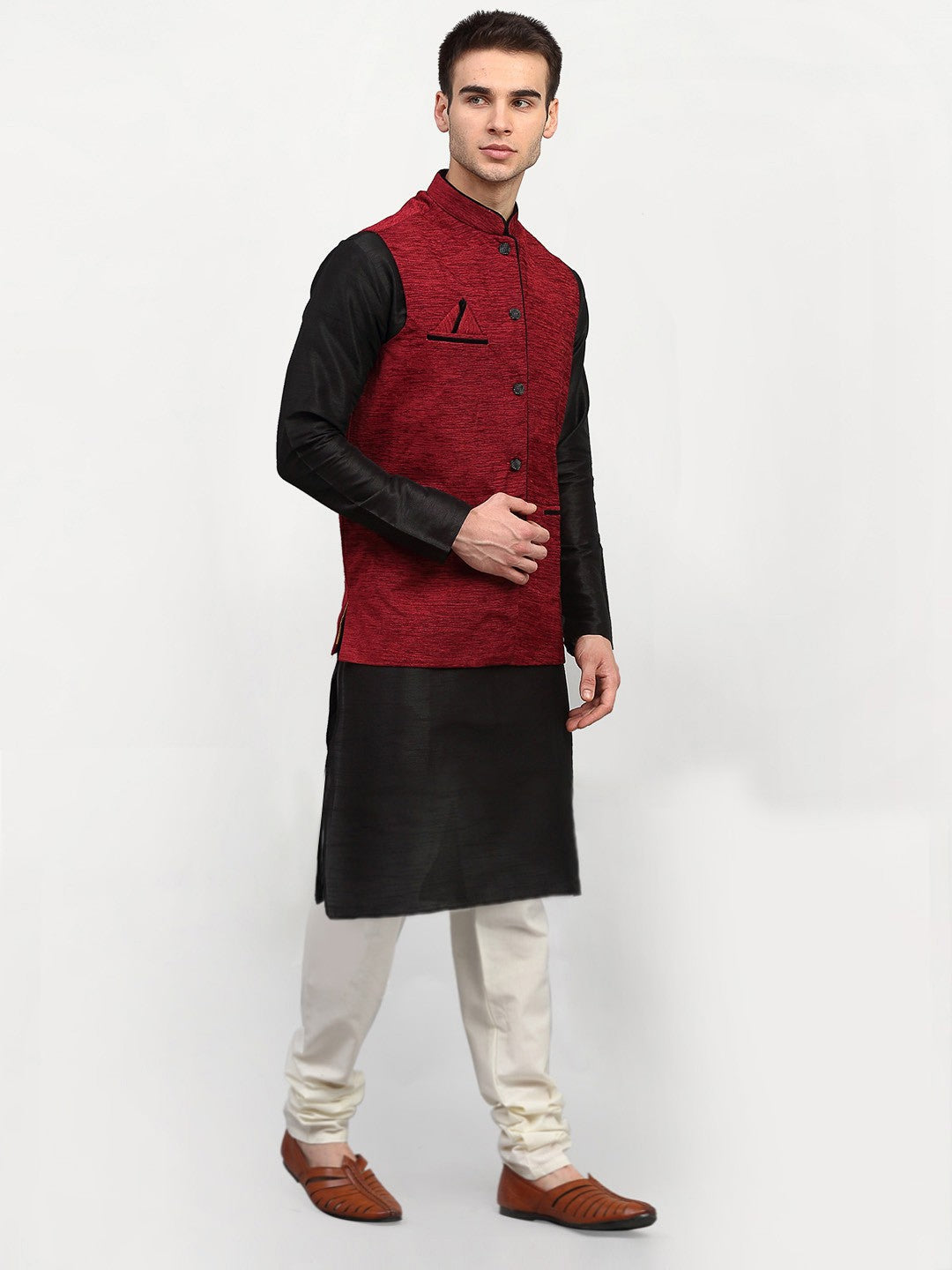 Jompers Men's Black Dupion Silk Kurta with Churidar & Nehru Jacket ( Maroon )