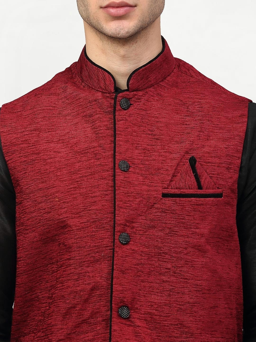 Jompers Men's Black Dupion Silk Kurta with Churidar & Nehru Jacket ( Maroon )