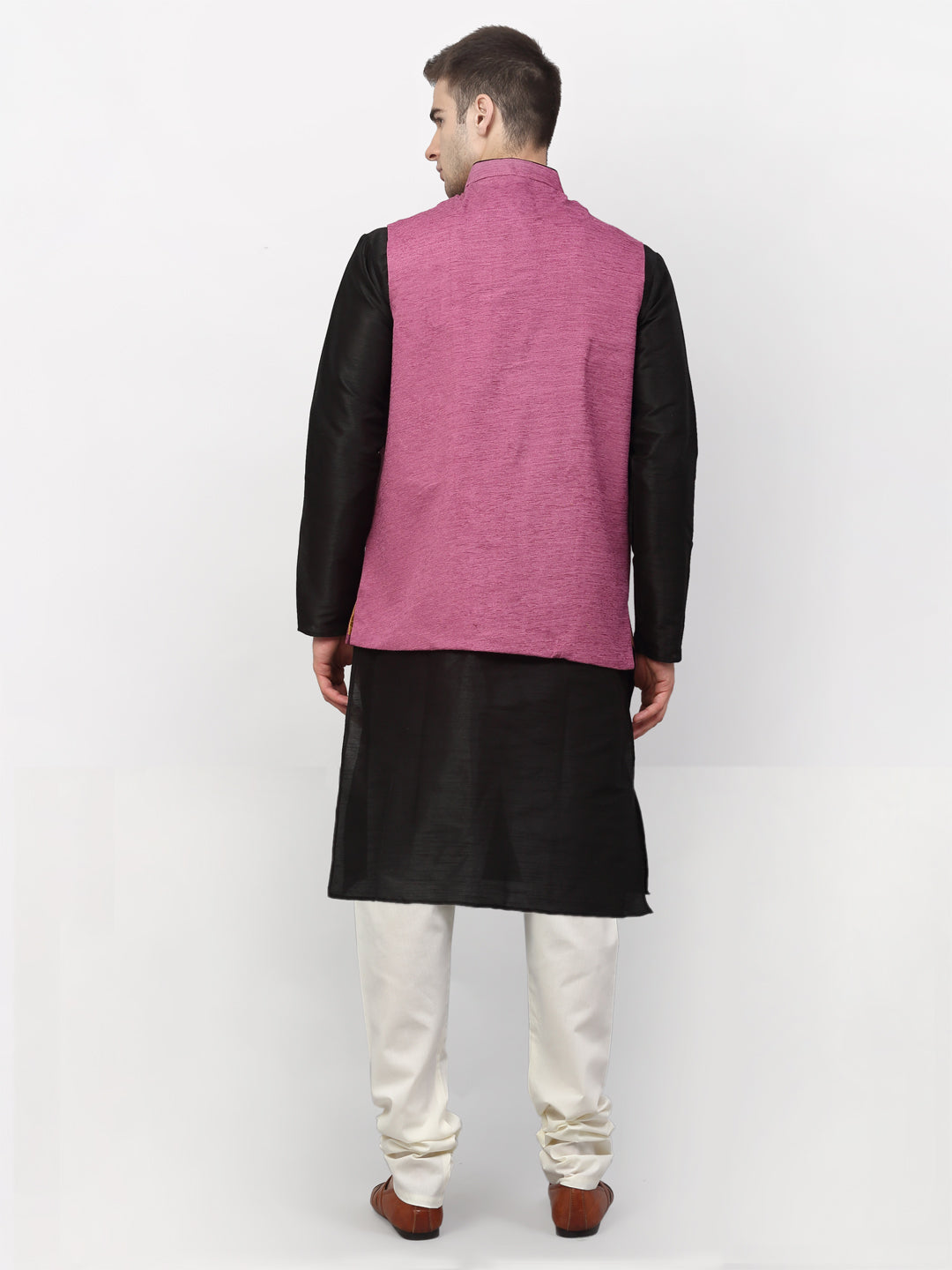 Jompers Men's Black Dupion Silk Kurta with Churidar & Nehru Jacket ( Purple )