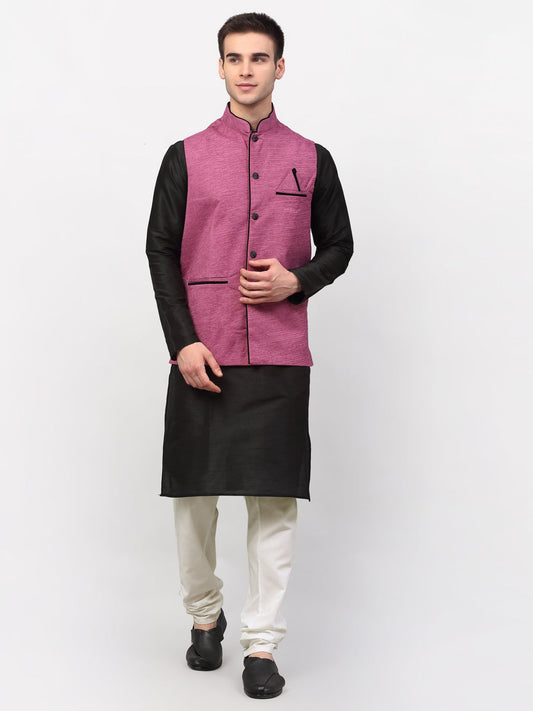Jompers Men's Black Dupion Silk Kurta with Churidar & Nehru Jacket ( Purple )
