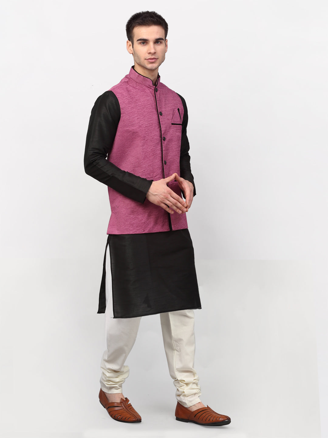 Jompers Men's Black Dupion Silk Kurta with Churidar & Nehru Jacket ( Purple )