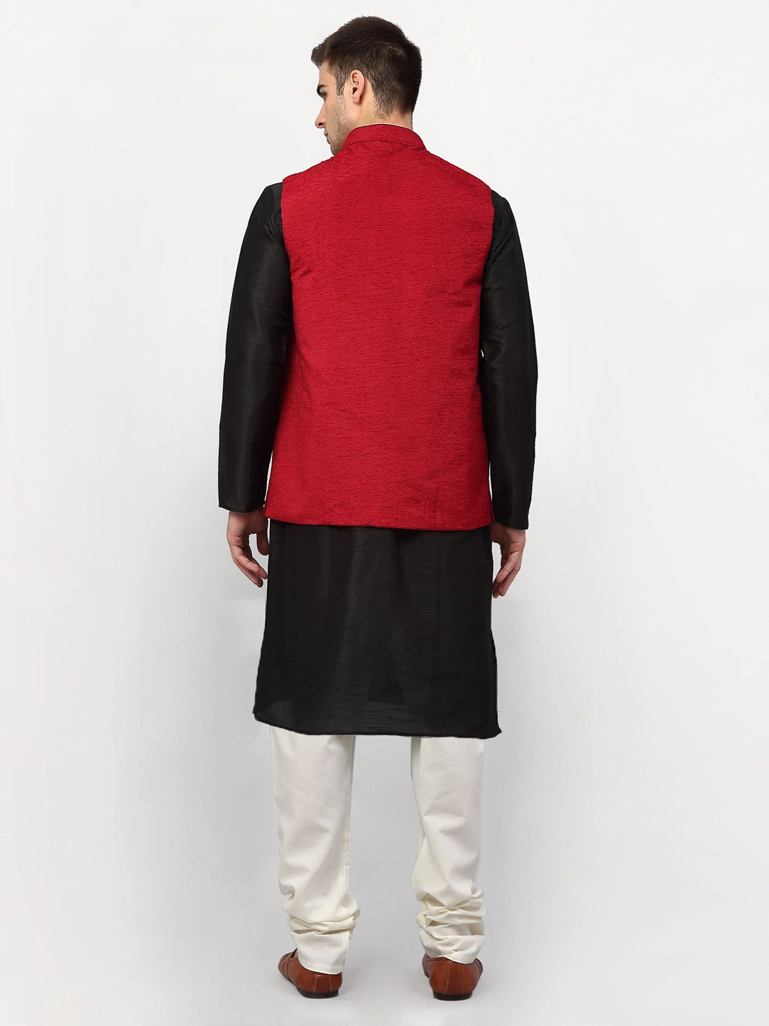 Jompers Men Black Dupion Silk Kurta with Chudidar & Nehru Jacket (Red)