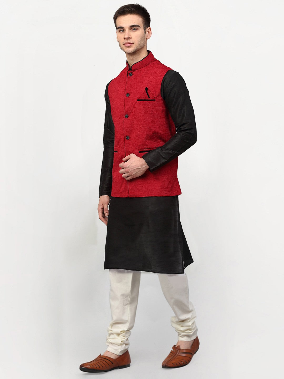 Jompers Men Black Dupion Silk Kurta with Chudidar & Nehru Jacket (Red)