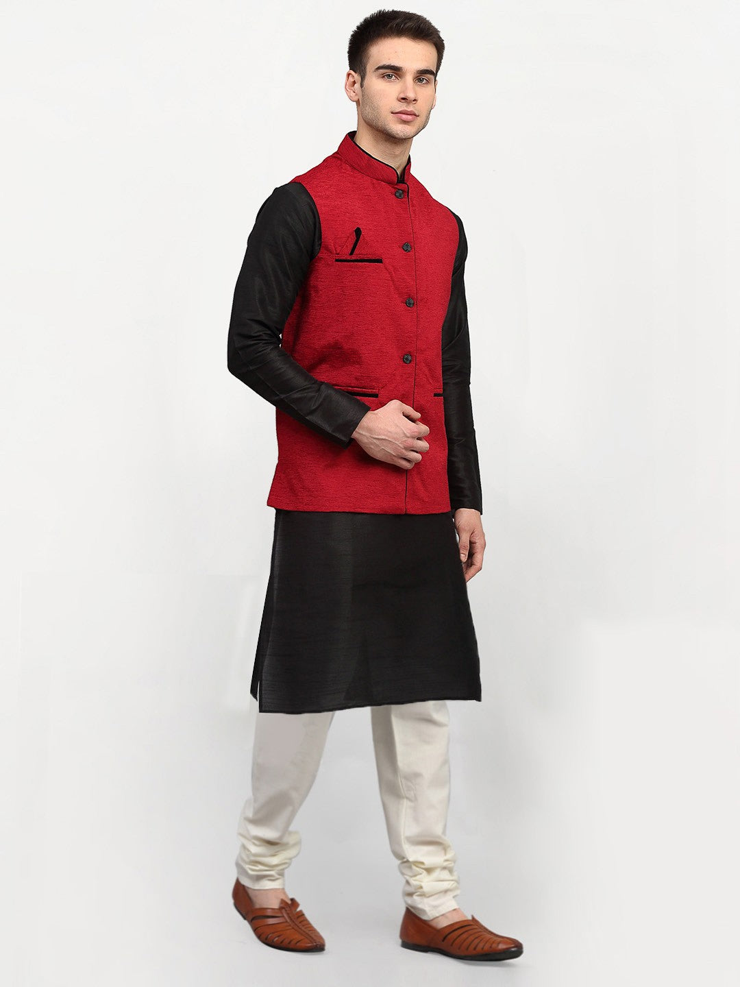 Jompers Men Black Dupion Silk Kurta with Chudidar & Nehru Jacket (Red)